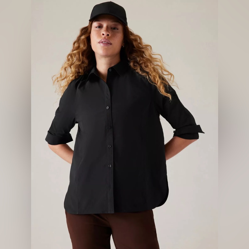 Athleta A-Frame Poplin Button Down Shirt Black Relaxed Fit Nwt Size Xs